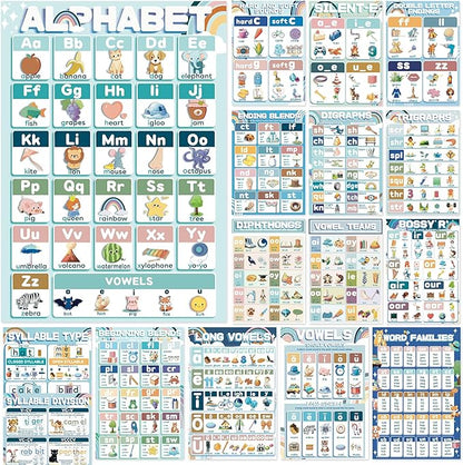 YIYDONG 16 Phonics Posters for Classroom - Learning Posters for Sound Wall Phonics Digraphs Blends Syllable Types Vowel Sounds Poster for Kindergarten, Elementary, Homeschool Supplies (Boho)