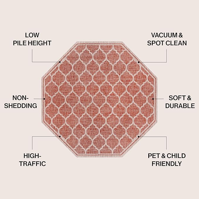 JONATHAN Y Moroccan Trellis Indoor Outdoor Octagon Area Rug 5 Ft Red/Beige, Trebol Textured Weave for Backyard, Patio, Porch, Easy-Cleaning, High Traffic, Pet-Friendly, Non-Shedding (SMB109C-5TGN)
