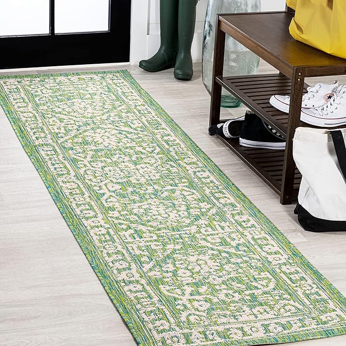 JONATHAN Y Boho Medallion Indoor Outdoor Runner Rug 2X8 Cream/Green, Malta Textured Weave for Backyard, Patio, Porch, Easy-Cleaning, High Traffic, Pet-Friendly, Non-Shedding (SMB104F-28)