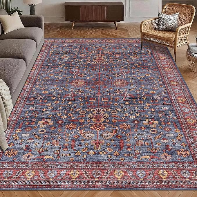 Washable Area Rug 9' x 12' Vintage Traditional Persian Mat - Foldable Distressed Non-Slip Machine Washable Carpet for Living Room Bedroom Kitchen Home Decor - Indigo and Crimson
