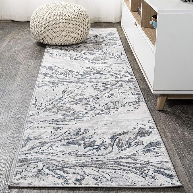 JONATHAN Y Swirl Marbled Gray/Blue Runner Rug 2X8 ft, Abstract for Living Room, Bedroom, Kitchen, Office, Easy-Cleaning, High Traffic, Pet-Friendly, Non-Shedding SOR203B-28