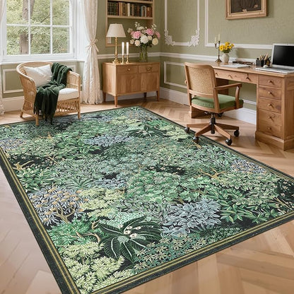GarveeHome Forest Rugs 8x10, Blue Green Washable 8x10 Area Rug for Living Room, Botanical Low Pile Non Slip Stain Resistance Large Carpet for Office Dining Room, Farmhouse