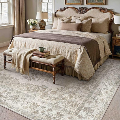 7x9 Area Rug Beige Washable Vintage Distressed Living Room Carpet Large Bedroom Indoor Medallion Floral Non Slip Retro Throw Floor Mat for Office Dining Room Kitchen Bathroom