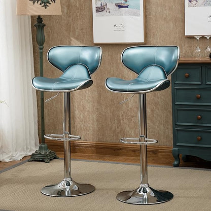 Roundhill Furniture Masaccio Cushioned Leatherette Upholstery Airlift Adjustable Swivel Barstool with Chrome Base, Set of 2, Blue