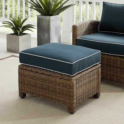 Crosley Furniture Bradenton Wicker Outdoor Ottoman Foot Rest for Patio, Deck, Porch, Brown with Navy Cushions