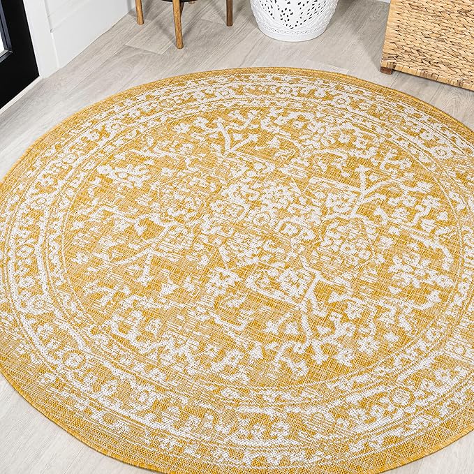 JONATHAN Y Boho Medallion Indoor Outdoor Round Area Rug 5 Ft Yellow/Cream, Malta Textured Weave for Backyard, Patio, Porch, Easy-Cleaning, High Traffic, Pet-Friendly, Non-Shedding (SMB104G-5R)