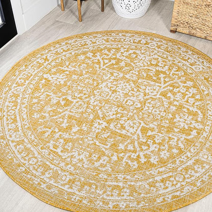 JONATHAN Y Boho Medallion Indoor Outdoor Round Area Rug 5 Ft Yellow/Cream, Malta Textured Weave for Backyard, Patio, Porch, Easy-Cleaning, High Traffic, Pet-Friendly, Non-Shedding (SMB104G-5R)