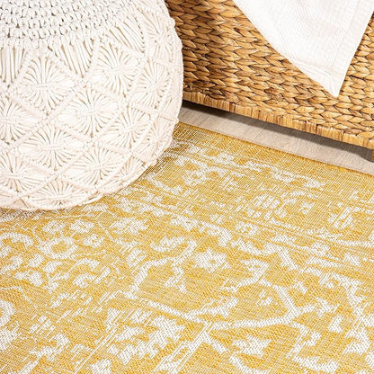 JONATHAN Y Boho Medallion Indoor Outdoor Square Area Rug 5X5 Yellow/Cream, Malta Textured Weave for Backyard, Patio, Porch, Easy-Cleaning, High Traffic, Pet-Friendly, Non-Shedding (SMB104G-5SQ)