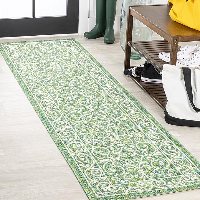 JONATHAN Y Vintage Filigree Indoor Outdoor Runner Rug 2X8 Green/Ivory, Charleston Textured Weave for Backyard, Patio, Porch, Easy-Cleaning, High Traffic, Pet-Friendly, Non-Shedding (SMB106K-28)