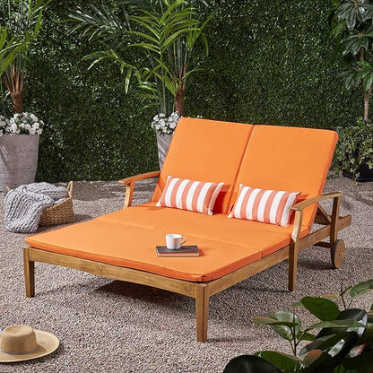 Christopher Knight Home Samantha Double Chaise Lounge for Yard and Patio, Acacia Wood Frame, Teak Finish with Orange Cushions