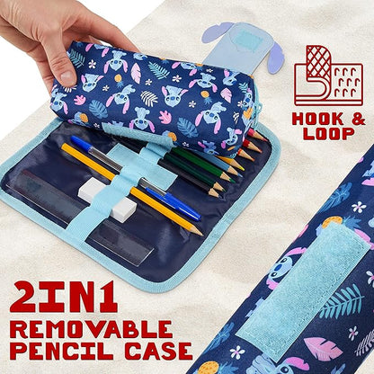 Disney Stitch Pencil Case with Cute Detachable Zipper Pouch including Ball Point Pen Pencil Eraser Ruler and Fun Colored Pencils Stationery Gift for Kids