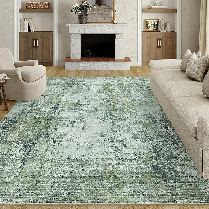 8x10 Washable Area Rug Dark Green Modern Neutral Abstract Living Room Bedroom Indoor Floor Carpet Low Pile Soft Non-Slip Lightweight Vacuumable Large Throw Rug for Nursery Dining Room