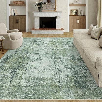 8x10 Washable Area Rug Dark Green Modern Neutral Abstract Living Room Bedroom Indoor Floor Carpet Low Pile Soft Non-Slip Lightweight Vacuumable Large Throw Rug for Nursery Dining Room