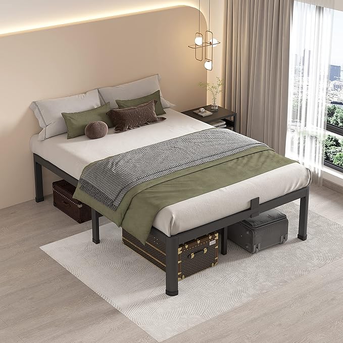 MAF 20 Inch Full Size Bed Frame with Round Corner Legs Mattress Slide Stopper No Box Spring Needed Heavy Duty Metal Platform Bed Frames Under-Bed Storage Space, 3000 LBS Steel Slats Support
