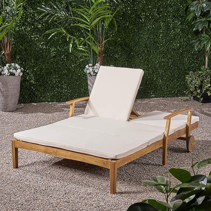 Great Deal Furniture Samantha Double Chaise Lounge for Yard and Patio, Acacia Wood Frame, Teak Finish with Cream Cushions, (307569)