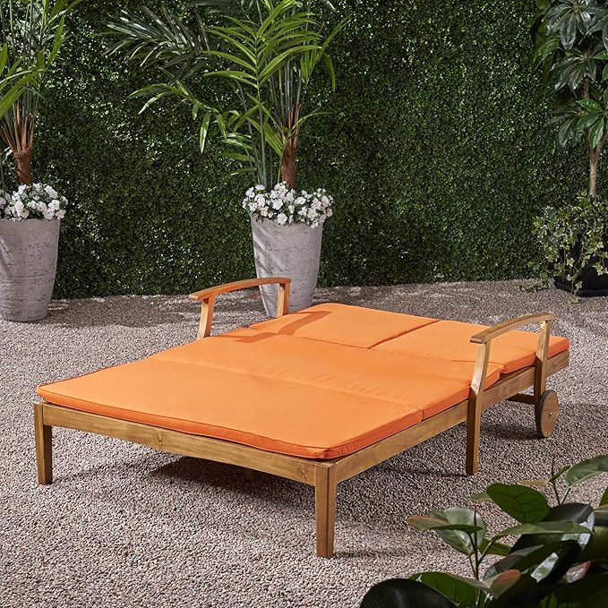 Christopher Knight Home Samantha Double Chaise Lounge for Yard and Patio, Acacia Wood Frame, Teak Finish with Orange Cushions