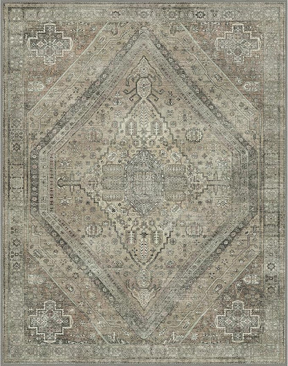 Bavni Washable Rug 6x9 Area Rug for Living Room Bedroom Dining, Washable Vintage Print Carpet, Ultra-Thin Chenille Low Pile Lightweight Rug with Non Slip Backing, Tan