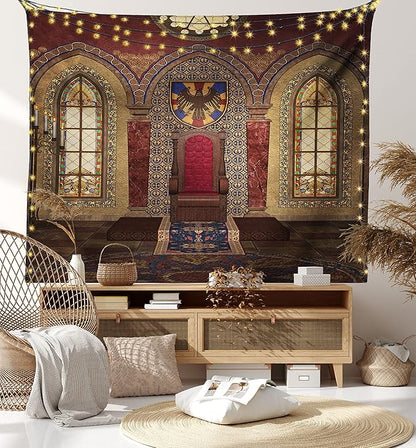 Ambesonne Gothic Tapestry, Red Medieval in Chapel Eagle Portrait on Wall Fantasy Building Print, Fabric Wall Hanging Decor for Bedroom Living Room Dorm, 45" X 30", Brown Ruby