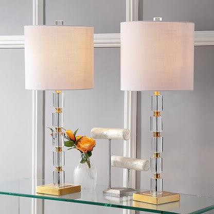 JONATHAN Y 28.5" Clear and Brass Gold Crystal Table Lamp Set of 2, Modern Glam Geometric Bedside Lamps for Living Room, White Linen Drum Shade, UL Listed, LED Bulbs Included JYL5001A-SET2
