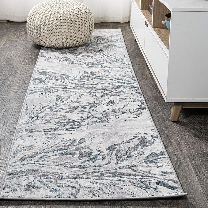 JONATHAN Y Swirl Marbled Gray/Turquoise Runner Rug 2X8 ft, Abstract for Living Room, Bedroom, Kitchen, Office, Easy-Cleaning, High Traffic, Pet-Friendly, Non-Shedding SOR203A-28
