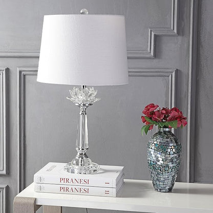 JONATHAN Y 24.5" Clear Crystal LED Table Lamp, Hollywood Regency Modern Glam Candlestick Lamp with White Linen Drum Shade for Living Room Bedroom, LED Bulb Included JYL2016A